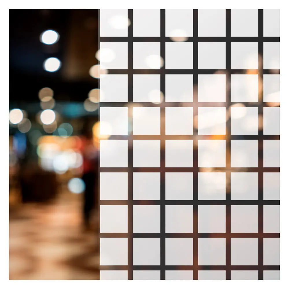 Black grid pattern frosted privacy decorative window film installed on commercial glass wall - BBL
